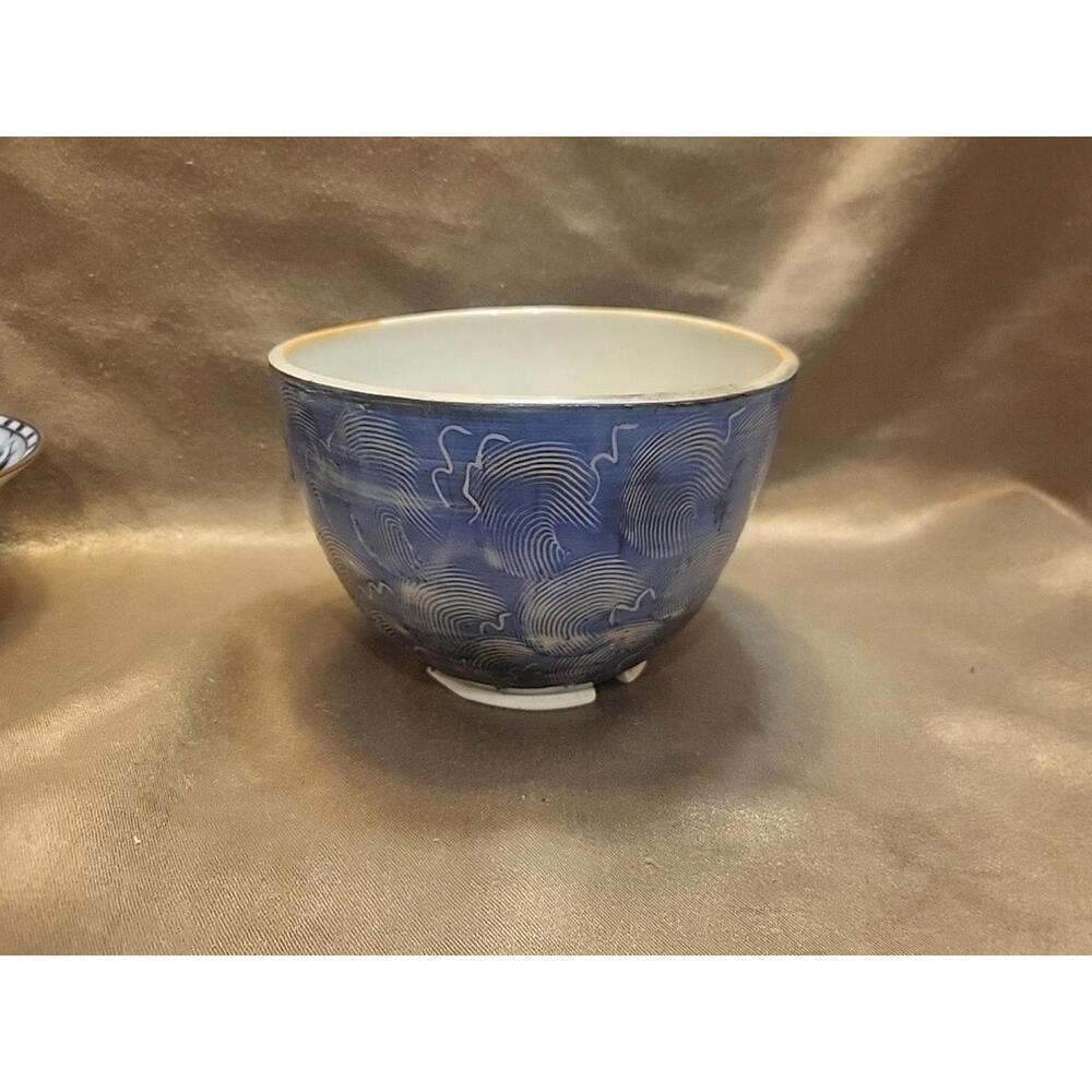 Handmade Art Studio Pottery Bowl Abstract Design Blue/Black/Orange/White